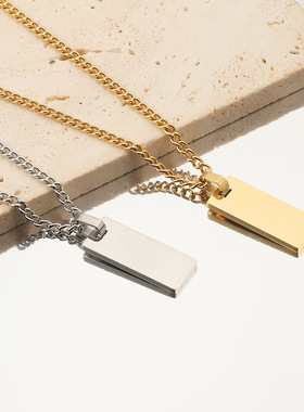不锈钢方形吊坠项链侧身链情侣款金银双色极简风定制刻字生日礼物