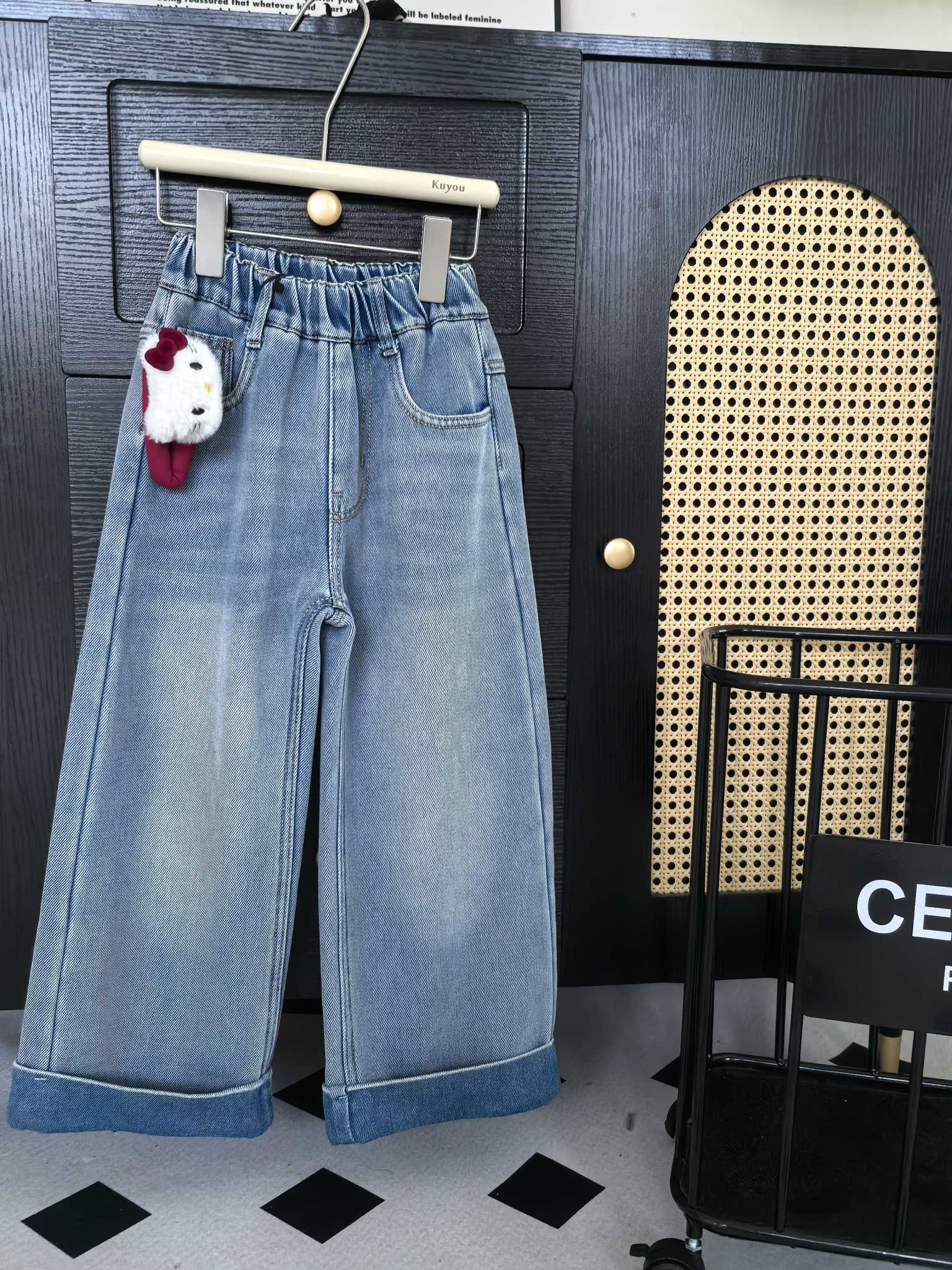 酷呦女童牛仔裤一体奥利绒秋冬儿童直筒裤中大童女孩秋季阔腿裤