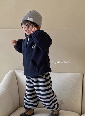萌小乖两件套新款秋冬儿童羊羔毛毛衣裤子加厚保暖两件套断码清仓