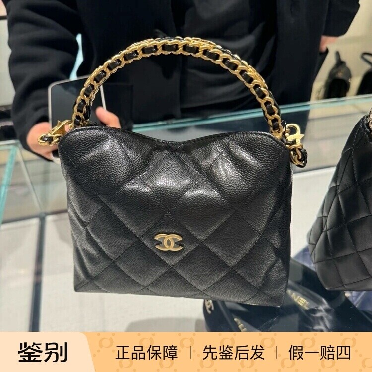 奢店2025b新款正品 CHANEL/香奈儿 亮面牛皮水钻金属手柄饭盒手袋
