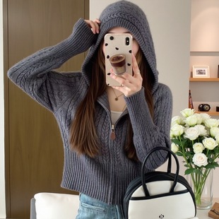 高腰小个子麻花连帽毛衣外套女短款厚款春秋上衣开衫针织羊毛外搭