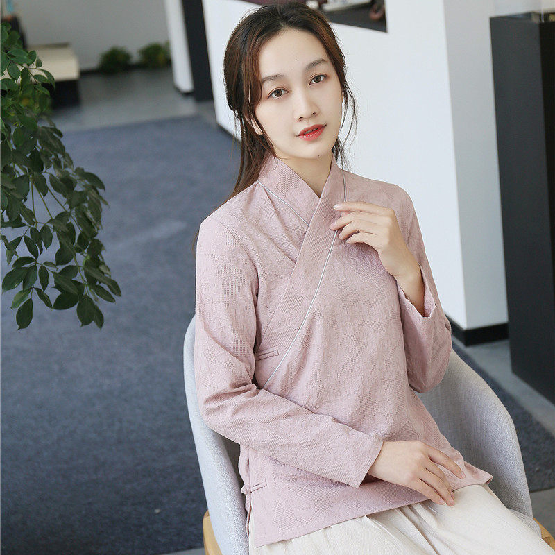 春秋款改良汉服女唐装中式上衣禅意女装棉麻宽松茶服盘扣居士服