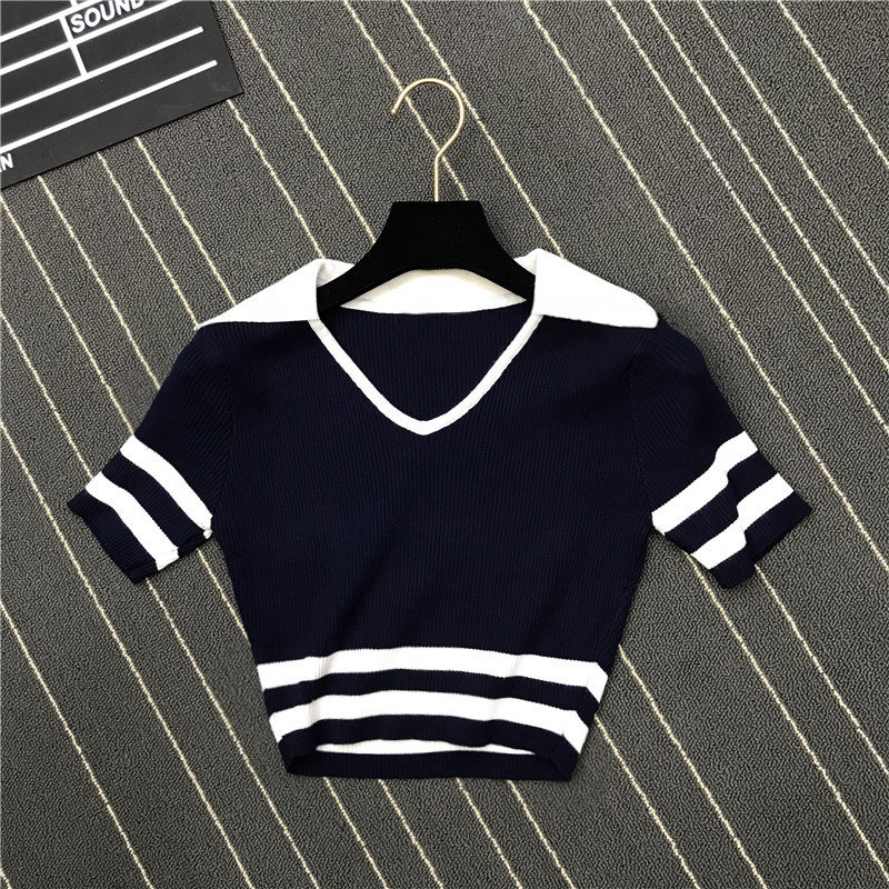2020 summer new pattern stripe Lapel Base coat Ultrashort money Navel Self cultivation knitting T-shirt Short sleeved jacketin the Women's clothing/Boutique , T-shirt  category - from Buy2taobao.com to provide professional Taobao agent buy service