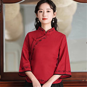 女 打底衫 复古中国风改良日常旗袍唐装 上衣棉麻拼接绣花T恤七分袖