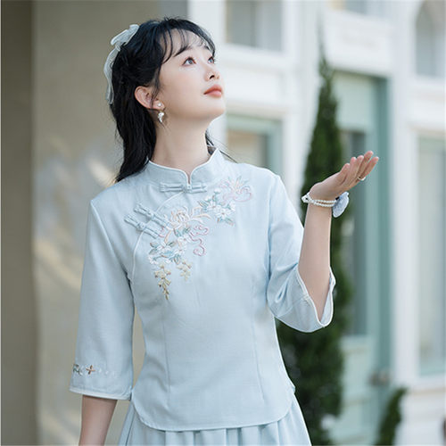 棉麻刺绣改良旗袍上衣2025衬衣女