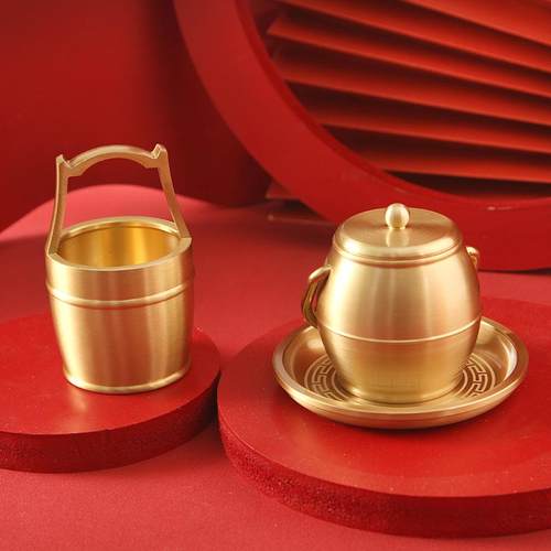 一桶金摆件铜小水桶中式摆设