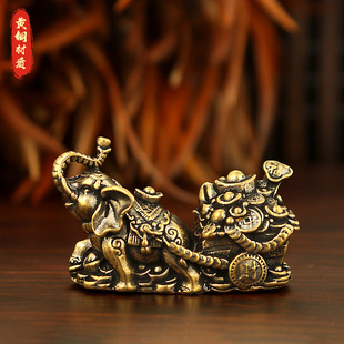 黄铜大象拉车聚宝盆摆件创意复古铜象拉百财家居茶桌桌面装 饰礼品