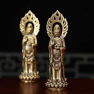 黄铜佛光观音像法轮站立菩萨佛像桌面摆件手把件复古工艺品小铜器