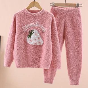 女童睡衣套装半边绒秋冬儿童女孩珊瑚绒家居服软绵绵中大童两件套
