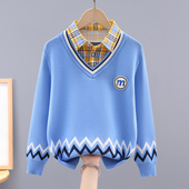 纯棉中大童加绒打底 领针织衫 男童毛衣假两件2025新款 秋冬儿童衬衫