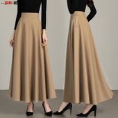 2025春秋新款 百搭纯色卡其色半身裙女长款 高腰A字大摆跳舞长裙子