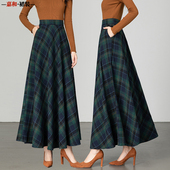2026秋冬新款 复古墨绿格子毛呢半身裙高腰A字裙显瘦大摆跳舞长裙
