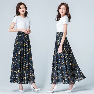 新款 2025夏季 百搭碎花雪纺半身长裙女士高腰A字大摆跳舞半身裙子