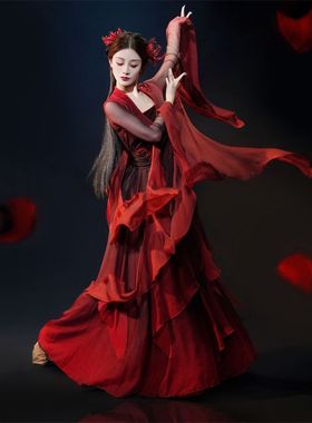 红绡黑红古典舞演出服飘逸古风红色纱衣练功套装大摆裙中国舞蹈
