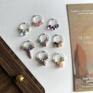 原创设计森系花园复古中古粉紫系小众串珠925银高智通勤圈形耳环