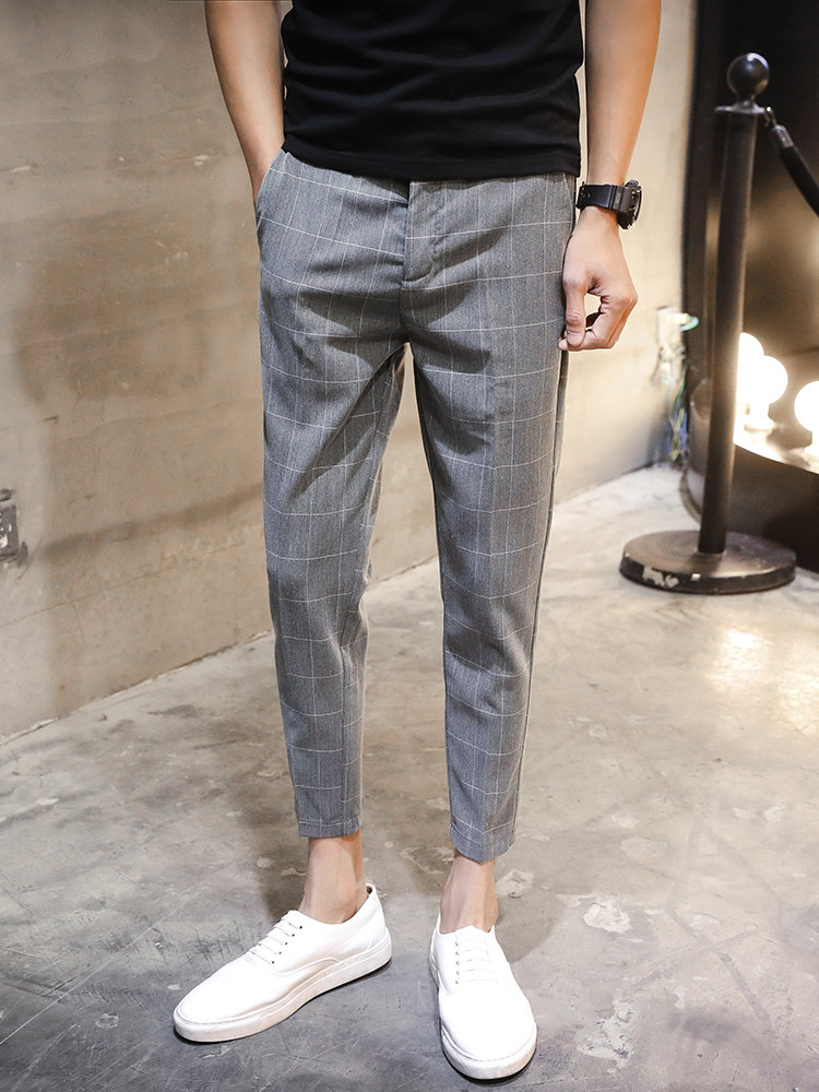 秋季格子裤韩版潮流修身九分裤男士帅气休闲西裤青年免烫小脚裤子