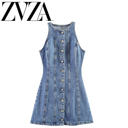 ZA 夏季新款 ZV女装 欧美风 时尚百搭缝线迷你牛仔连衣裙 0108035