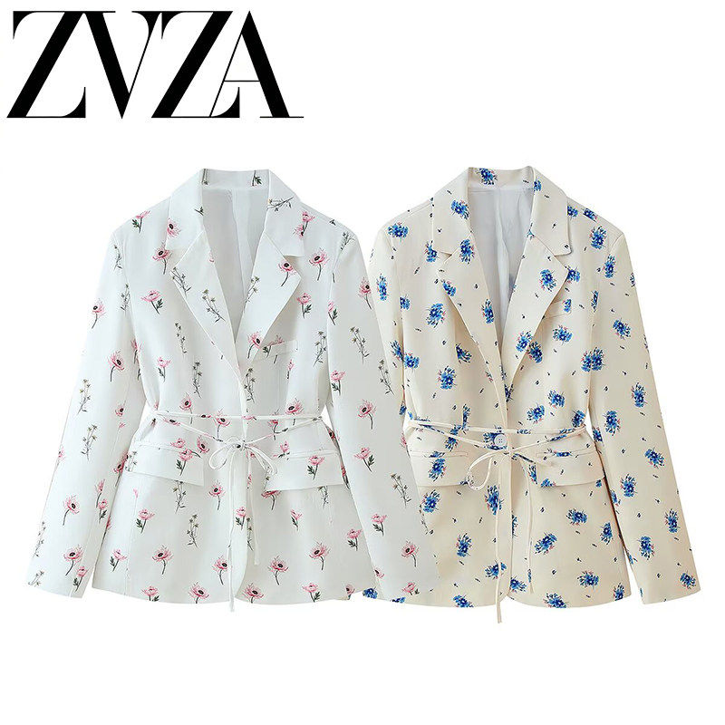 ZA 夏季新款 ZV女装 欧美风 时尚百搭气质款印花翻领系带西装外套