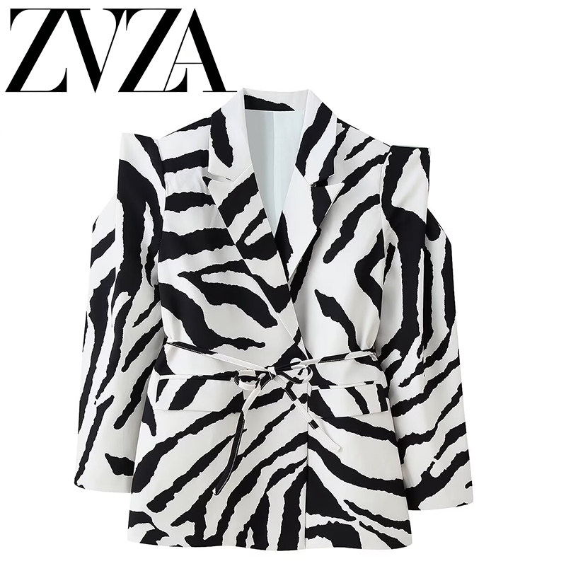 ZA 夏季新款 ZV女装 欧美风 时尚百搭斑马纹收腰系带宽肩西装外套