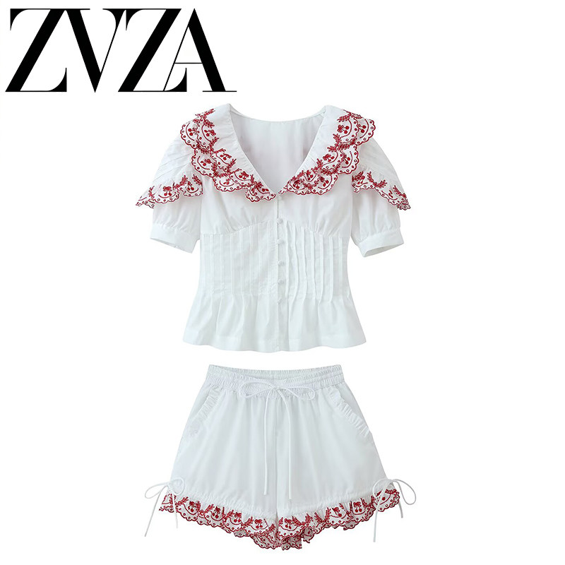 ZA 夏季新款 ZV女装 欧美风 时尚绣花娃娃领褶皱上衣绣花短裤套装
