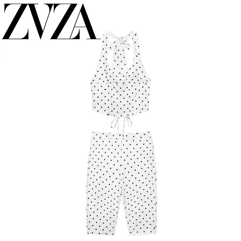 ZA 夏季新款 ZV女装 欧美风 时尚波点挂脖吊带上衣高腰五分裤套装
