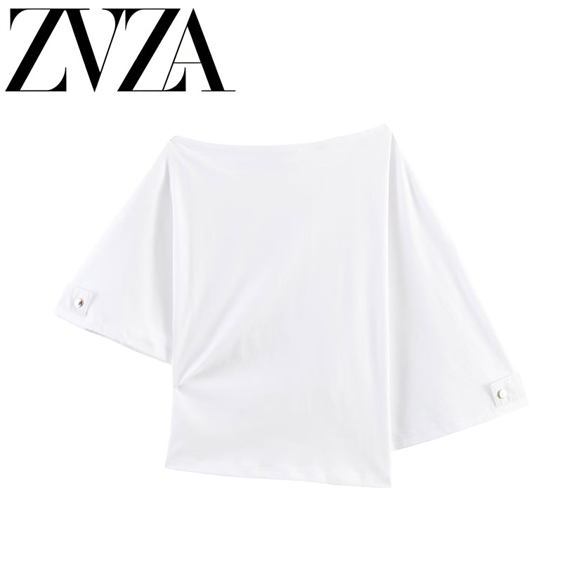 ZA 夏季新款 ZV女装 欧美风 时尚气质百搭款排扣一字领T恤0264019