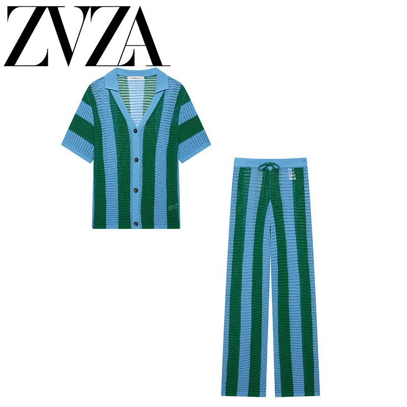 ZA 夏季新款 ZV女装 欧美风 时尚款条纹针织 POLO 衫+条纹针织裤