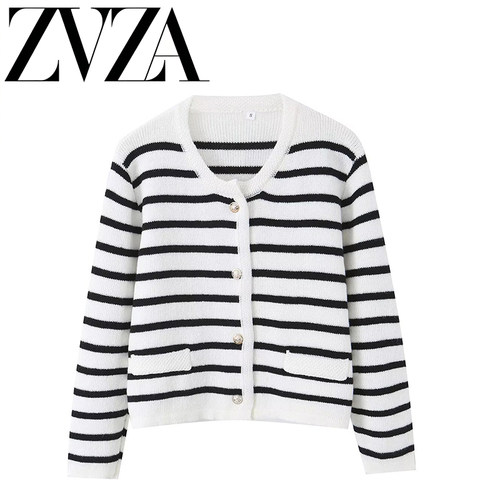 ZA 夏季新款 ZV女装 欧美风 法式时尚百搭条纹针织外套5755051104