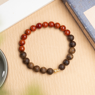 海南白棋沉香8mm瓦西火焰纹南红925银葫芦单圈手串新中式 国风珠宝