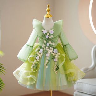 女童夏季裙女童森系礼服无袖连衣裙曼波绿裙子小女孩钢琴演出服装