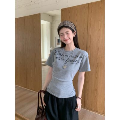 2026夏季新款chic韩系设计感ins个性字母印花上衣灰色修身T恤女