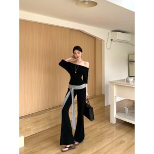 一字肩黑色七分袖修身T恤女春季辣妹套装绑带休闲微喇叭裤两件套