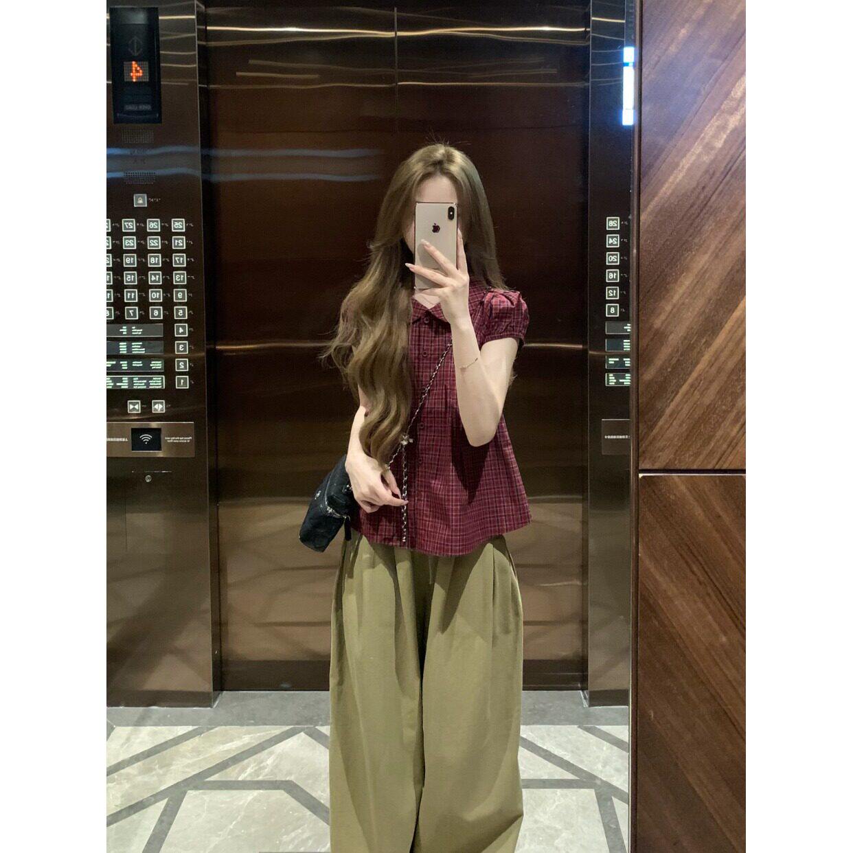 宅女家复古风撞色格纹POIO领泡泡袖衬衫女春季减龄休闲百搭上衣