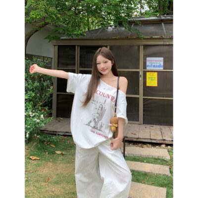 夏季chic辣妹别致露肩T恤女短袖复古印花宽松慵懒风小众宽松上衣