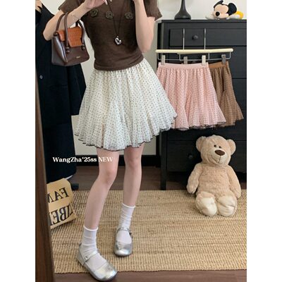甜美风粉色波点半身裙女装夏季高腰a字网纱裙芭蕾风短裙蓬蓬裙子
