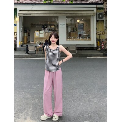 2026新款冰丝奶芙山本裤女夏季薄款休闲抽绳肌理感慵懒粉色阔腿裤