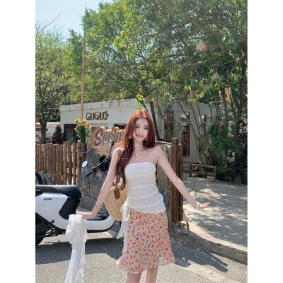 海边度假套装蕾丝拼接抹胸背心上衣女夏季碎花半身裙鱼尾裙两件套