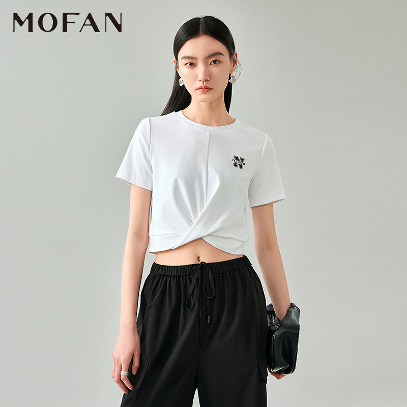 时尚个性字母短袖T恤女MOFAN摩凡夏装新款白色设计感休闲上衣