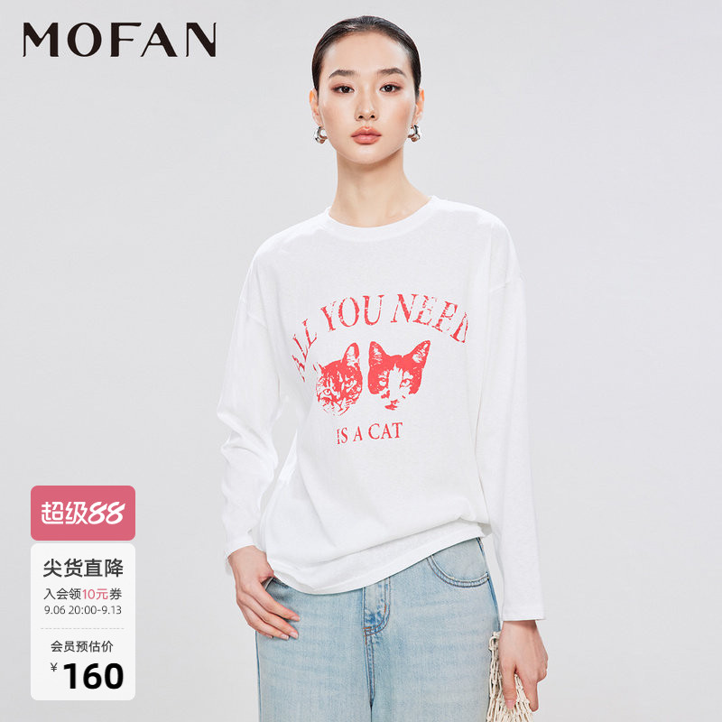 时尚字母印花设计猫咪T恤女MOFAN摩凡2026夏新款白色落肩休闲上衣