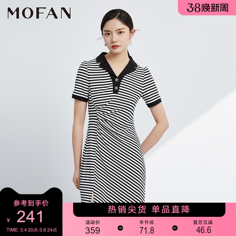 MOFAN摩凡春夏新款黑白条纹连衣裙显瘦韩版POLO领不规则茶歇裙