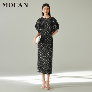 MOFAN摩凡时尚碎花雪纺茶歇裙夏款黑色花纹泡泡袖显瘦连衣裙