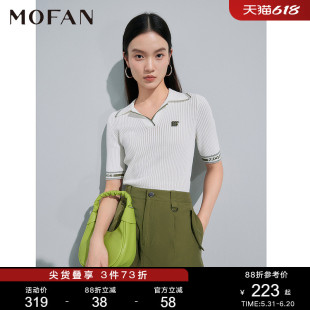 女2024春米白印花设计感显瘦毛衣 MOFAN摩凡都市潮流POLO领针织衫