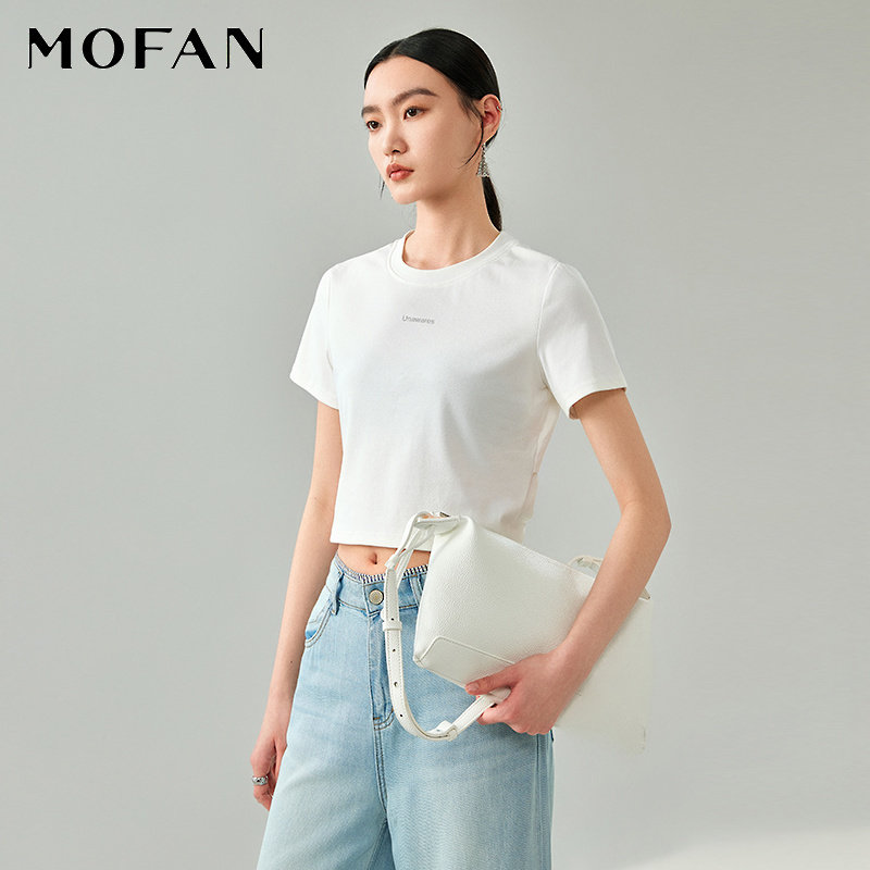 简约白色短袖T恤女短款MOFAN摩凡夏装新款字母设计感休闲上衣