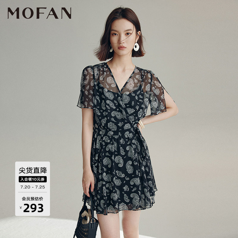 时尚透视印花收腰A字雪纺裙MOFAN摩凡夏装新款黑色V领显瘦连衣裙