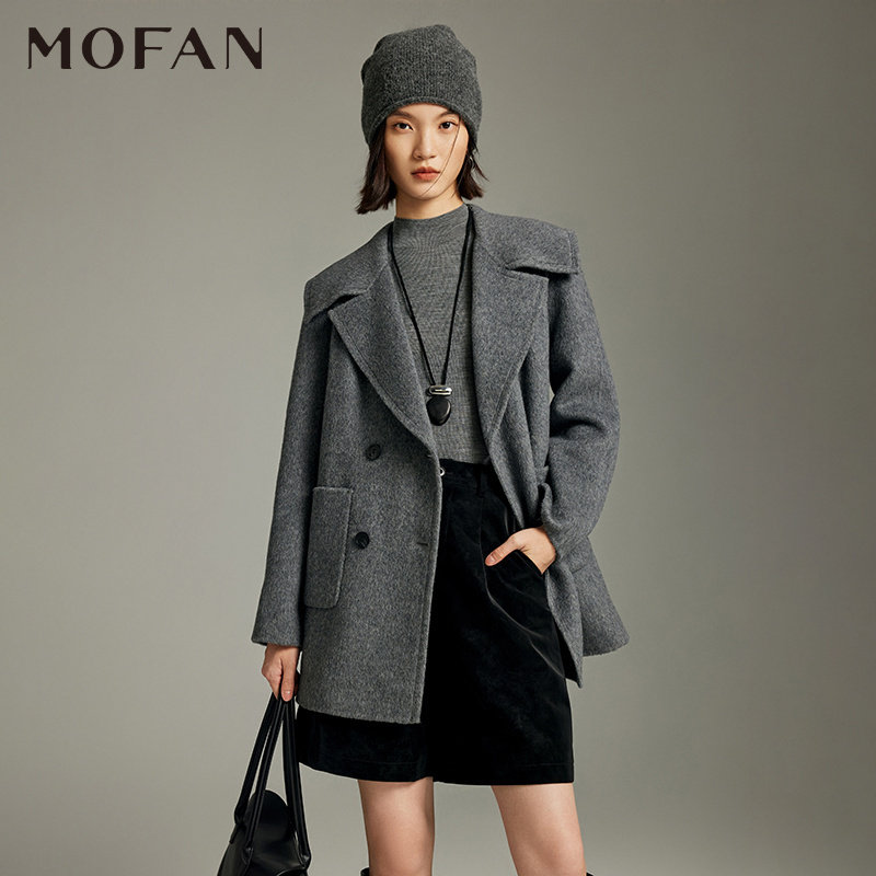 巴黎灰羊毛双面呢大衣女MOFAN摩凡冬装新款花灰保暖毛呢外套