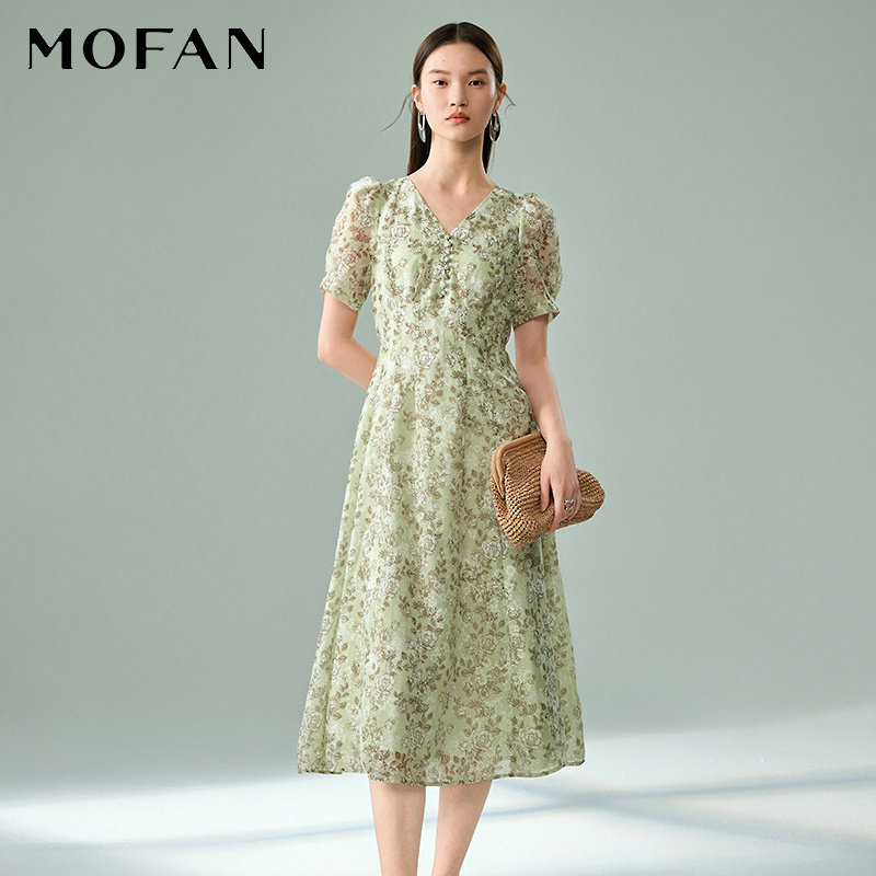 优雅泡泡袖碎花茶歇裙MOFAN摩凡2025夏新款绿色花纹V领显瘦连衣裙,女装/女士精品,连衣裙,淘宝优惠券,粉丝福利购,淘宝优惠卷
