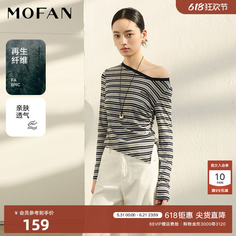 时尚深蓝斜领条纹T恤女MOFAN摩凡2026夏新款修身设计感休闲上衣