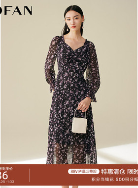 MOFAN摩凡荷叶边甜美钓系约会裙2025春黑色碎花灯笼袖显瘦连衣裙