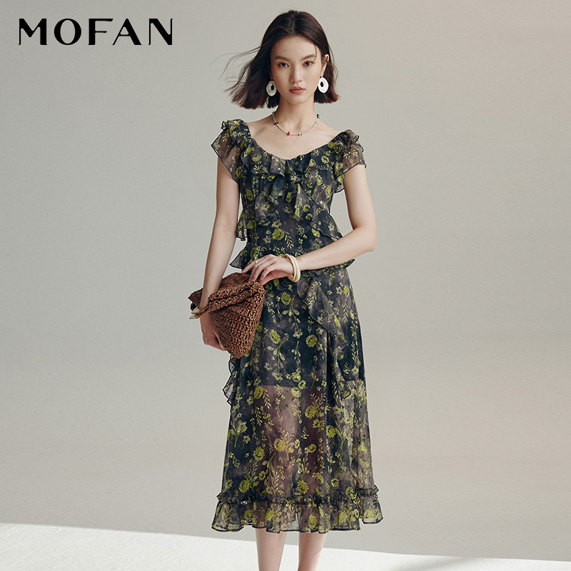 MOFAN摩凡秋新款绿色花纹连衣裙
