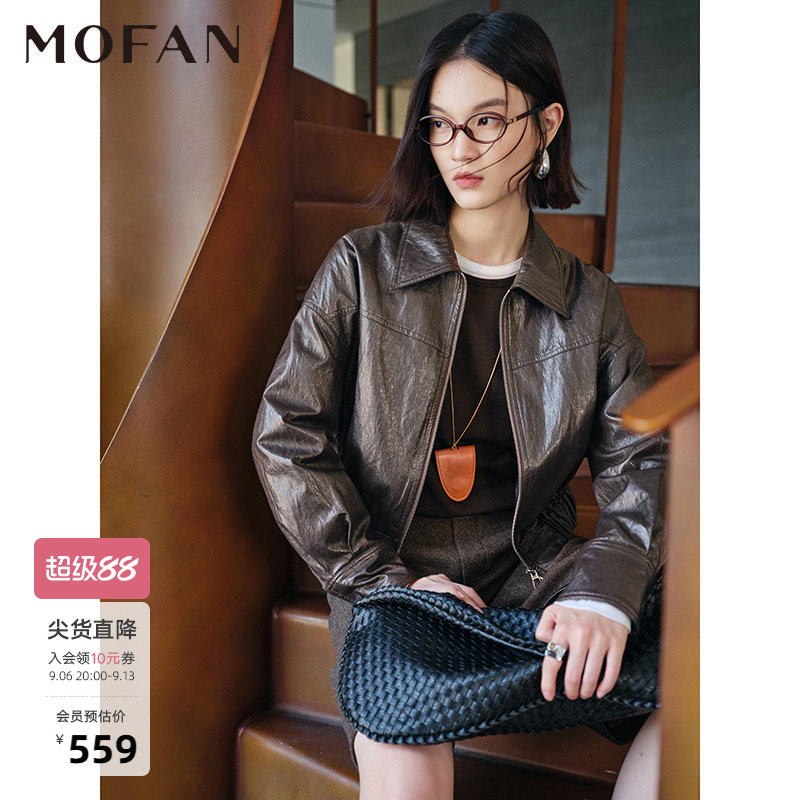 时尚黑色PU皮翻领短款羽绒服女MOFAN摩凡冬新款保暖皮衣夹克